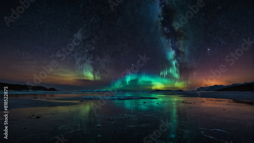 The image shows a dark sea with a small island in the middle. There is a colorful aurora in the sky and a sunset on the horizon.   © muhammadahetesham