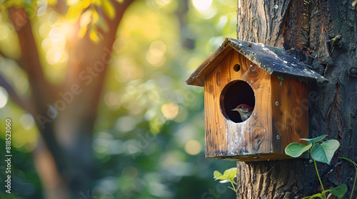 A wooden bird feeder in a tree, A single male cardinal bird perching on the roof of wooden feeder enjoy watching and relaxing on the soft focus garden background, Generative Ai 