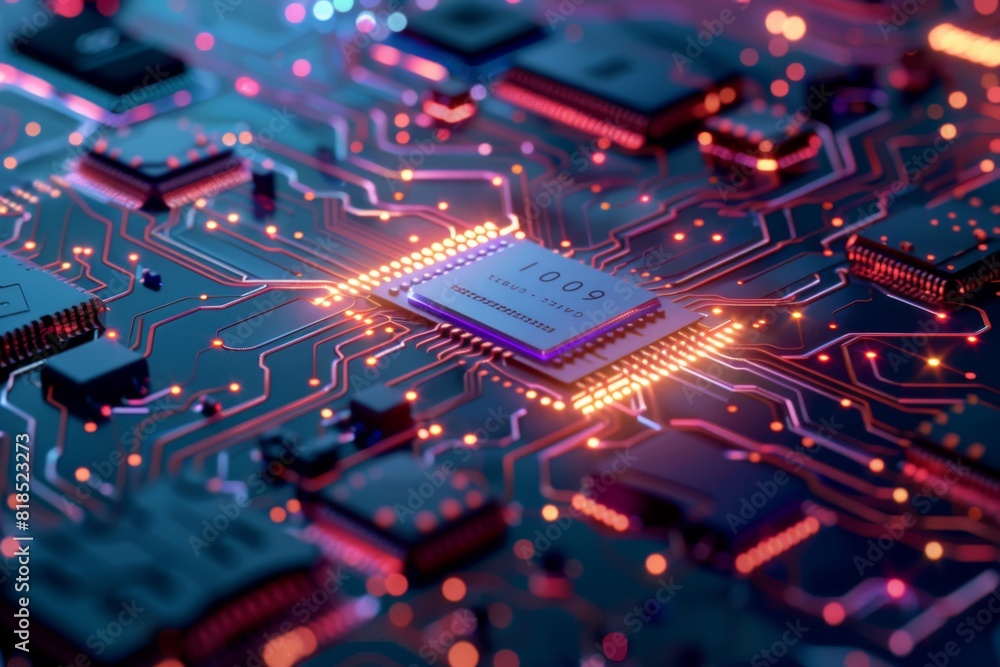An abstract background with interconnected circuitry and glowing computer chips, representing AI technology An abstract background with interconnected circuitry and glowing computer chips, representing AI technology