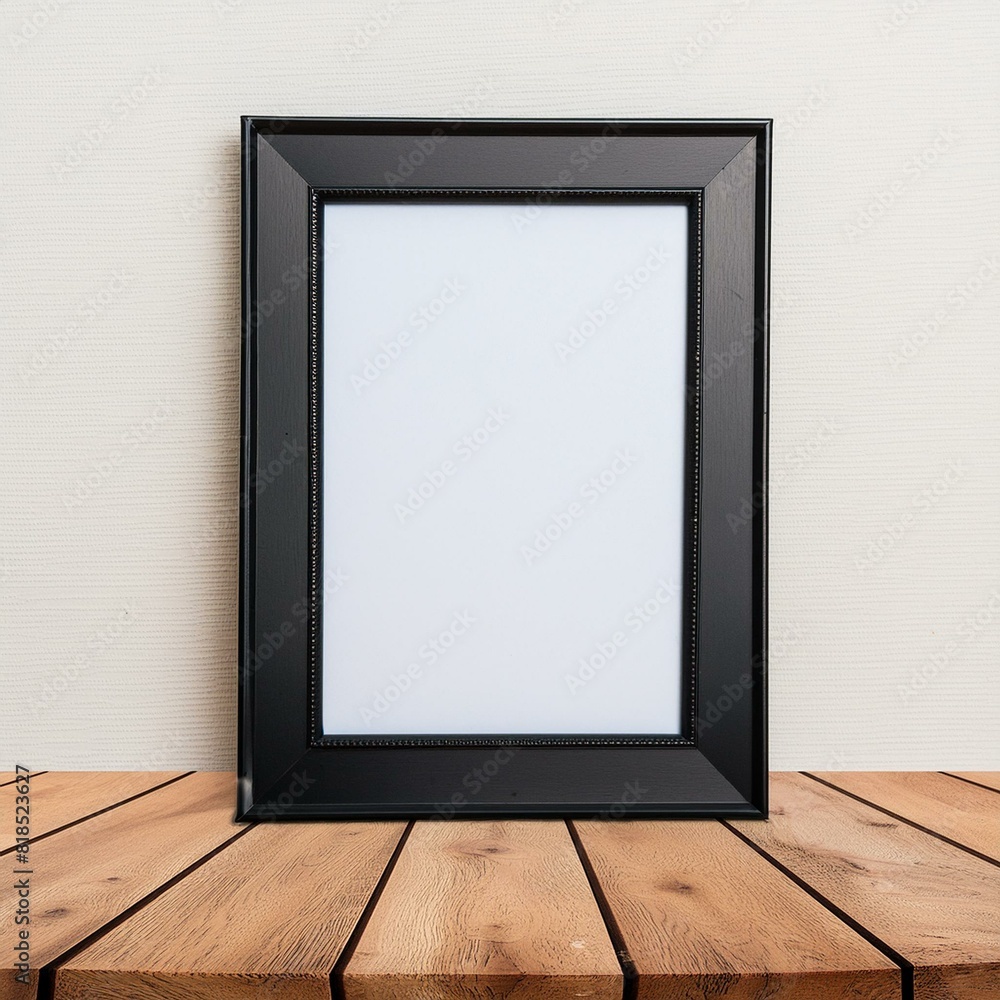 Blank Vertical black frame on wooden floor with white wall Blank Vertical black frame on wooden floor with white wall