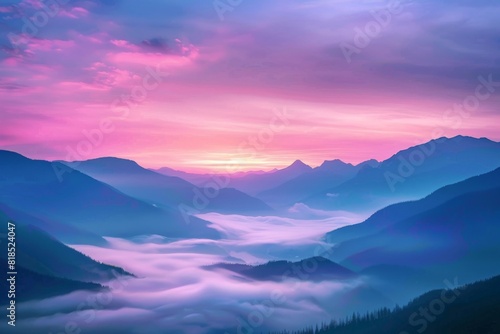 A breathtaking sunrise over a misty mountain valley, painting the sky in pastel hues
