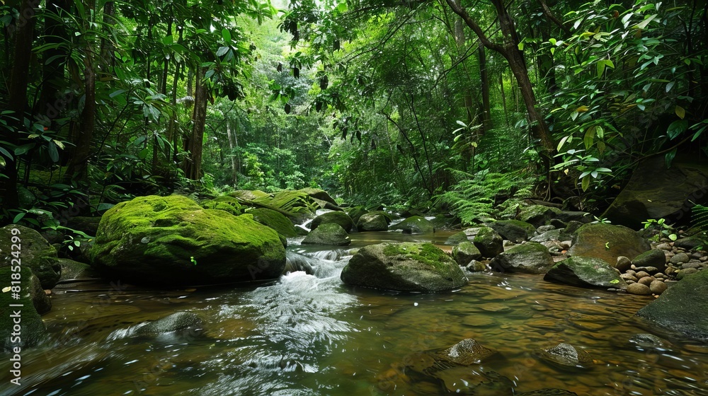 serene forest stream winding through mossy rocks lush jungle setting isolated on white serene forest stream winding through mossy rocks lush jungle setting isolated on white