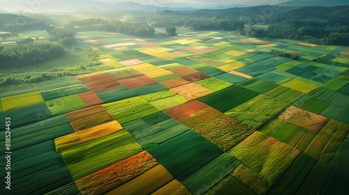 Aerial view of vibrant patchwork farmland, early morning light, slight haze , vibrant color