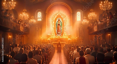 Experience the fervent prayers of a congregation Bathed in the glow of faith, they raise their voices to the Virgen de Guadalupe, creating a stirring and powerful visual photo