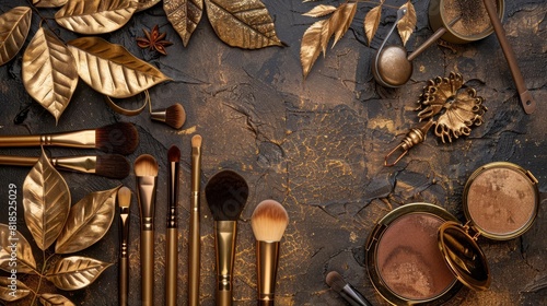 assortment of luxurious gold and leaftoned makeup accessories arranged on textured background beauty product photography