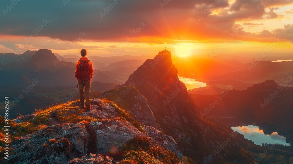 Choice Adobe stock 2024, hiker on mountaintop, sunrise, expansive view , high resolution