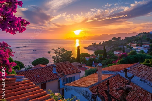 A picturesque sunset over a seaside village with terracotta rooftops and blooming bougainvillea