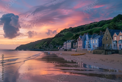 A quiet seaside village with a sandy beach and the sun setting behind the hills, painting the sky in pastel hues photo