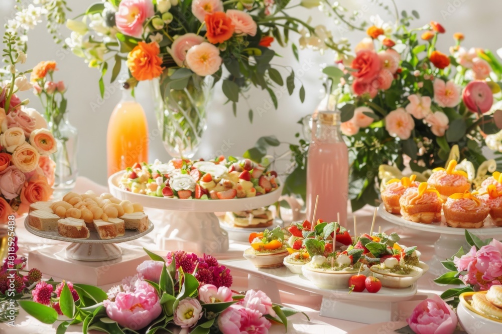 A spring-themed wedding buffet with fresh, vibrant dishes, pastel decorations, and blooming flowers