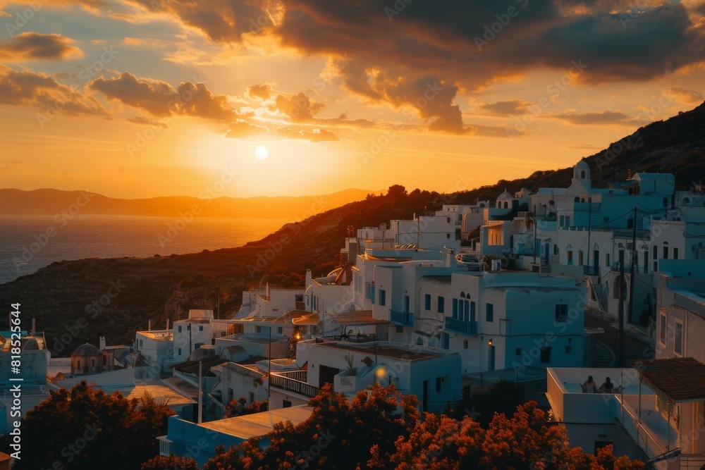 A sunset over a Mediterranean seaside village with white-washed buildings and blue rooftops