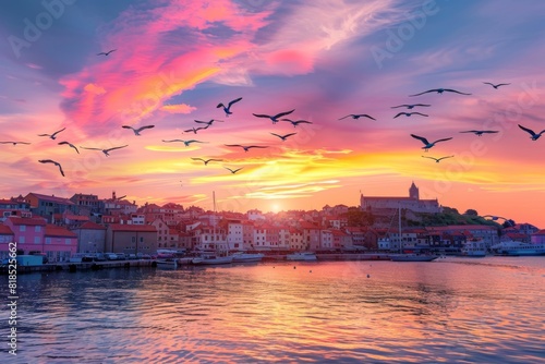 A sunset over a seaside village with a quaint harbor and seagulls flying across the colorful sky photo