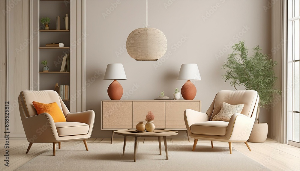 Bright modern living room interior in neutral colors with armchairs, floor lamp, rug and coffee table, chest of drawers with home decor, wide empty wall, 3d render