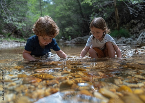 Children playing in a clear stream