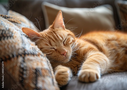 Orange cat sleeping on a couch.