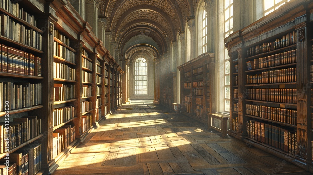 sunlit old library, rows of books, peaceful ambiance , 3D render sunlit old library, rows of books, peaceful ambiance , 3D render