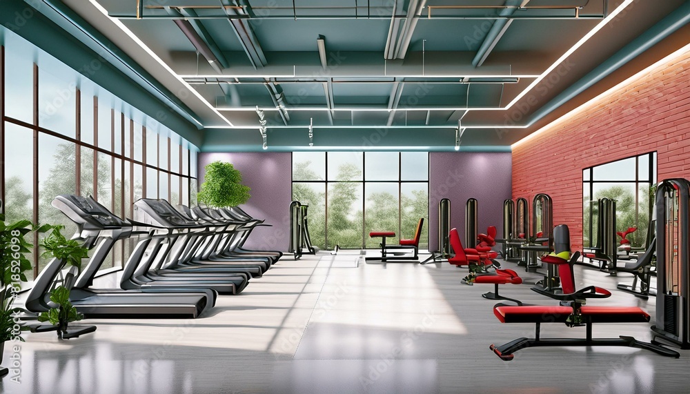 Modern gym interior with sport and fitness equipment, fitness center inteior, inteior of crossfit and workout gym, 3d rendering