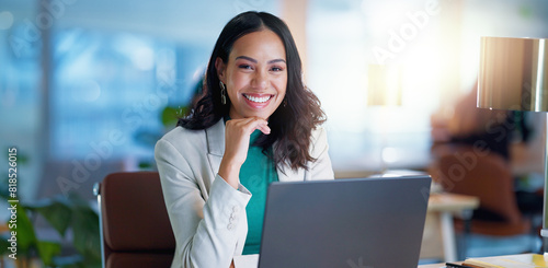 Portrait, smile and businesswoman with laptop, confidence and consulting business for online research agency. Planning, networking and happy woman with computer, financial administration and office photo