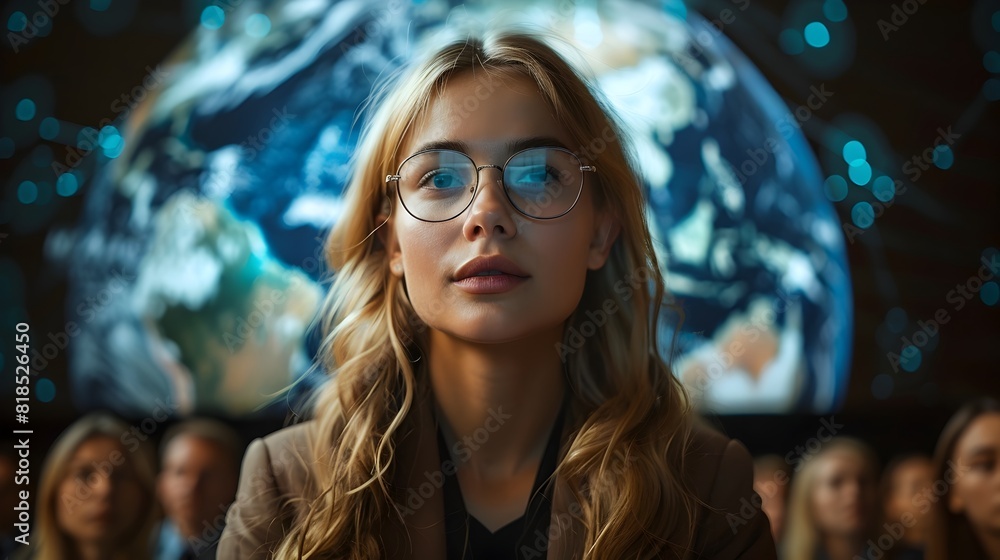 Youthful female professional delivering keynote address with global technology projection backdrop Youthful female professional delivering keynote address with global technology projection backdrop