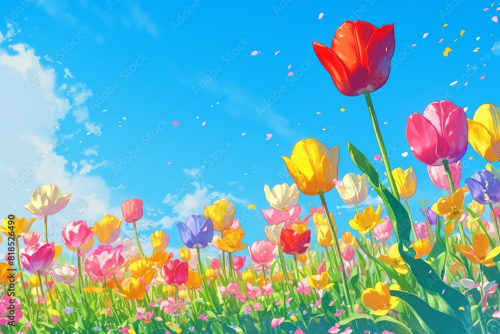 Fototapeta premium Tulips swaying in a field, their colorful blooms and leafy stems repeating in harmony.