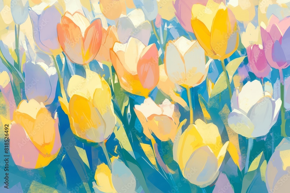 Tulips swaying in a field, their colorful blooms and leafy stems repeating in harmony. Tulips swaying in a field, their colorful blooms and leafy stems repeating in harmony.