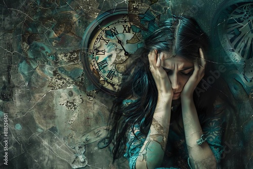 A distressed woman surrounded by antique clocks, symbolizing stress and the passage of time. A moody, surrealistic artwork with dark tones.