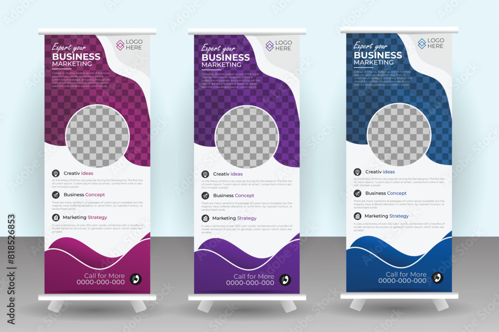 Agency stands roll up banner design stands template. editable roll-up banner vector template. Corporate business advertising marketing. layout with 3 different gradient color set. Agency stands roll up banner design stands template. editable roll-up banner vector template. Corporate business advertising marketing. layout with 3 different gradient color set.