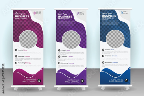 Agency stands roll up banner design stands template. editable roll-up banner vector template. Corporate business advertising marketing. layout with 3 different gradient color set.