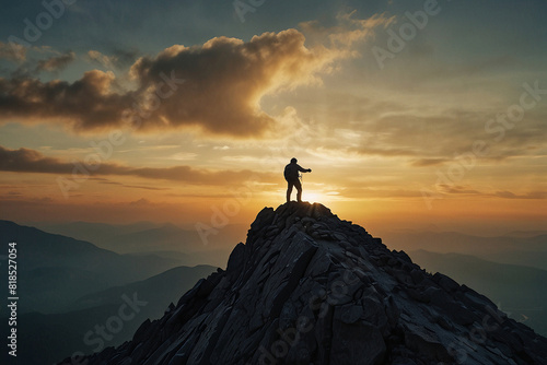 A climber struggling to reach the top of a mountain with the sun in the morning and clouds over the mountain