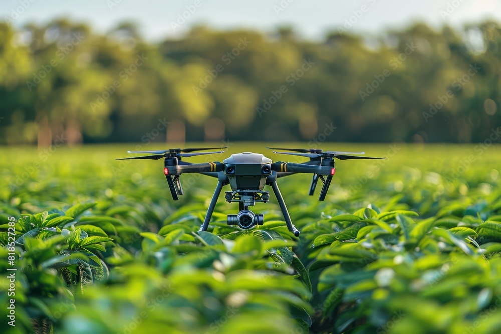 Aerial views captured by drones show the application of pesticides in a vibrant, lush field, optimizing crop health through modern farming technologies Aerial views captured by drones show the application of pesticides in a vibrant, lush field, optimizing crop health through modern farming technologies