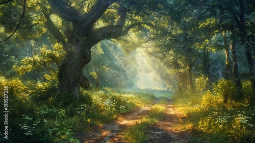 ancient forest path, magical morning light, serene , Stable Diffusion