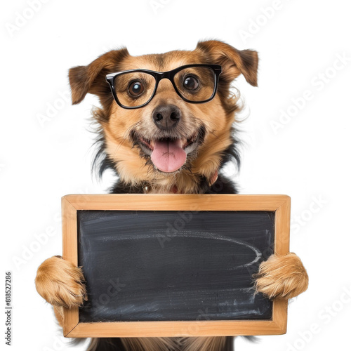 Dog wearing glasses holding chalkboard stannding full body on transparency background PNG
 photo