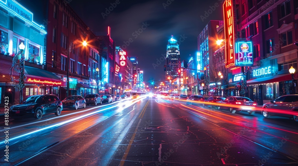 downtown at night, illuminated streets, urban buzz , Ideogram