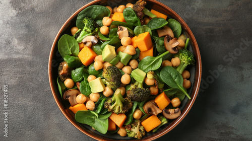 Green vegetable vegan salad with avocado, mushrooms, broccoli, spinach, chickpeas, pumpkin. Healthy vegetarian food concept. top view. 