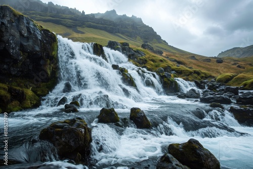 Scenic view of frozen waterfall in Iceland during winter, A serenely beautiful waterfall, AI-generated