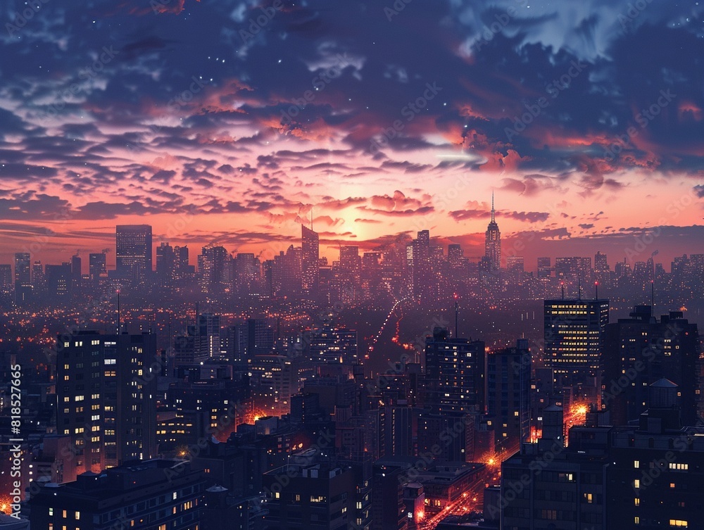 Fototapeta premium panoramic rooftop view, city lights, dusk , Ideogram