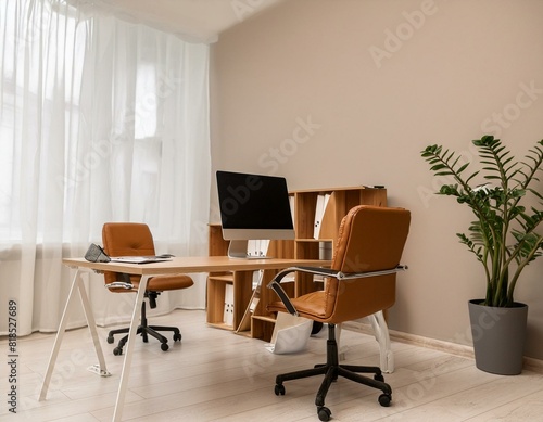 Stylish office interior with workplace, pc computer and window. Mock up wall © Jean