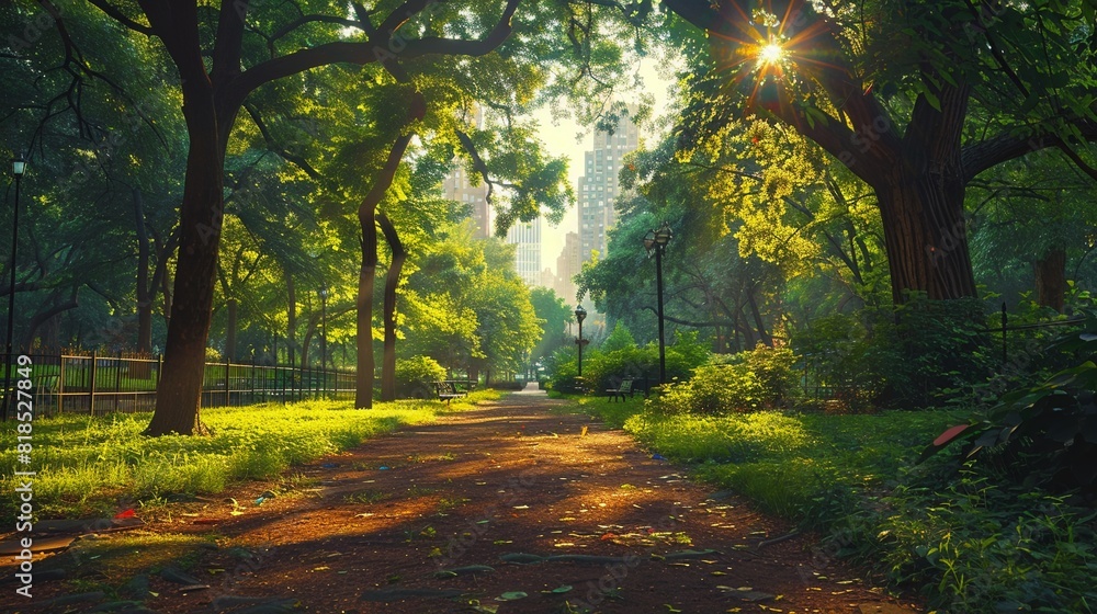 Naklejka premium sunlit city park, lively, green oasis , vibrant color