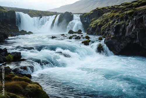 Scenic view of frozen waterfall in Iceland during winter, A serenely beautiful  waterfall, AI-generated