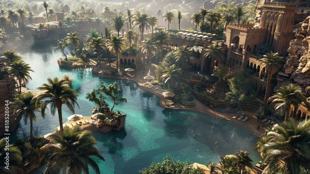 Aerial view of utopian desert oasis, serene water pools, lush palm trees , hyper detailed Aerial view of utopian desert oasis, serene water pools, lush palm trees , hyper detailed