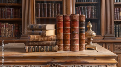 A collection of old books on a wooden table in a library. photo