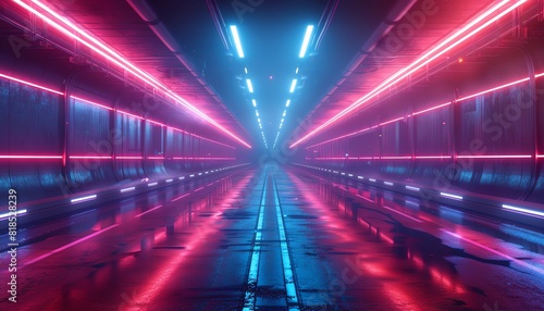 Straight futuristic highway at night, cyberpunk, neon glow, dark setting © owen