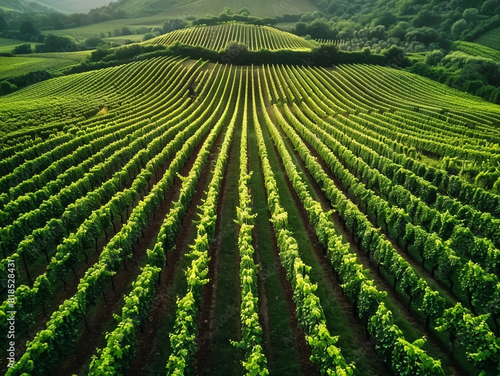 Peaceful aerial view of utopian vineyards, symmetric lines, green rows , Stable Diffusion