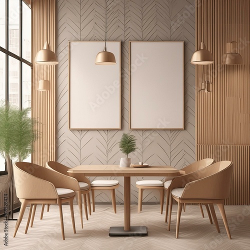 Interior of a modern cafe with blank posters on the wall, wooden design elements, and minimalist furniture, concept of interior design. 3D Rendering