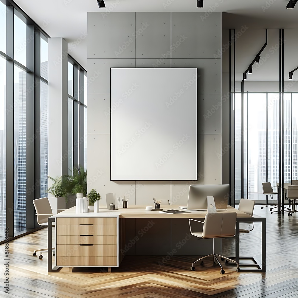 A Room with a mockup poster empty white and with a large desk and a large picture frame realistic image used for printing lively used for printing. A Room with a mockup poster empty white and with a large desk and a large picture frame realistic image used for printing lively used for printing.