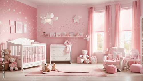 A pink and white nursery with a crib, rocking chair, and lots of stuffed animals.