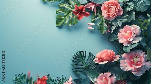 Vibrant floral ensemble on blue, with pink roses and red hibiscus © Asma