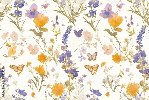 Wildflowers and butterflies whimsically scattered across a seamless pattern