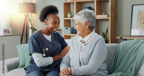 Obraz na plátně Happy face, nurse and elderly patient in nursing home for healthcare and volunteer with charity on sofa