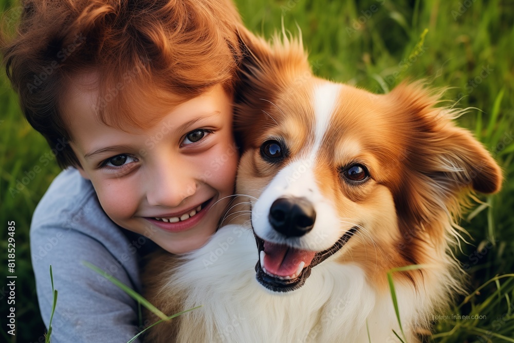 A young boy embraces a dog while sitting in the grass in a joyful moment of connection and companionship A young boy embraces a dog while sitting in the grass in a joyful moment of connection and companionship
