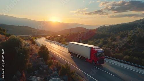 Red Truck and Trailer Navigating Mountainous Highway at Golden Hour photo